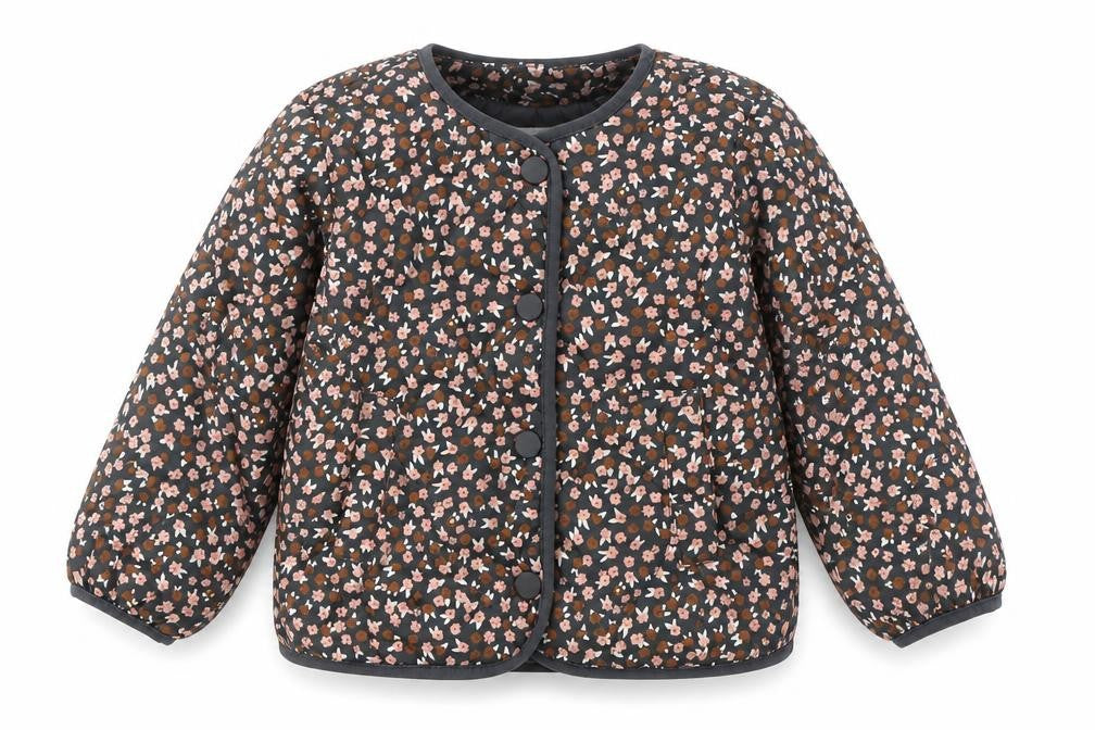 Front view of H&M girls’ multicoloured floral quilted jacket, size 3, years padded