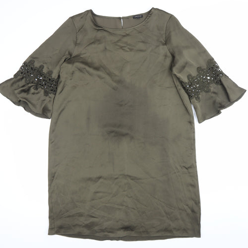 River Island Womens Green Shift Dress Size 14 Embroidered 3/4 Sleeve