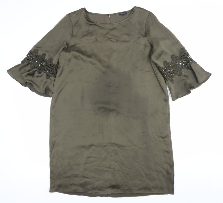 River Island Womens Green Shift Dress Size 14 Embroidered 3/4 Sleeve