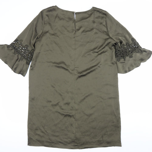 River Island Womens Green Shift Dress Size 14 Embroidered 3/4 Sleeve