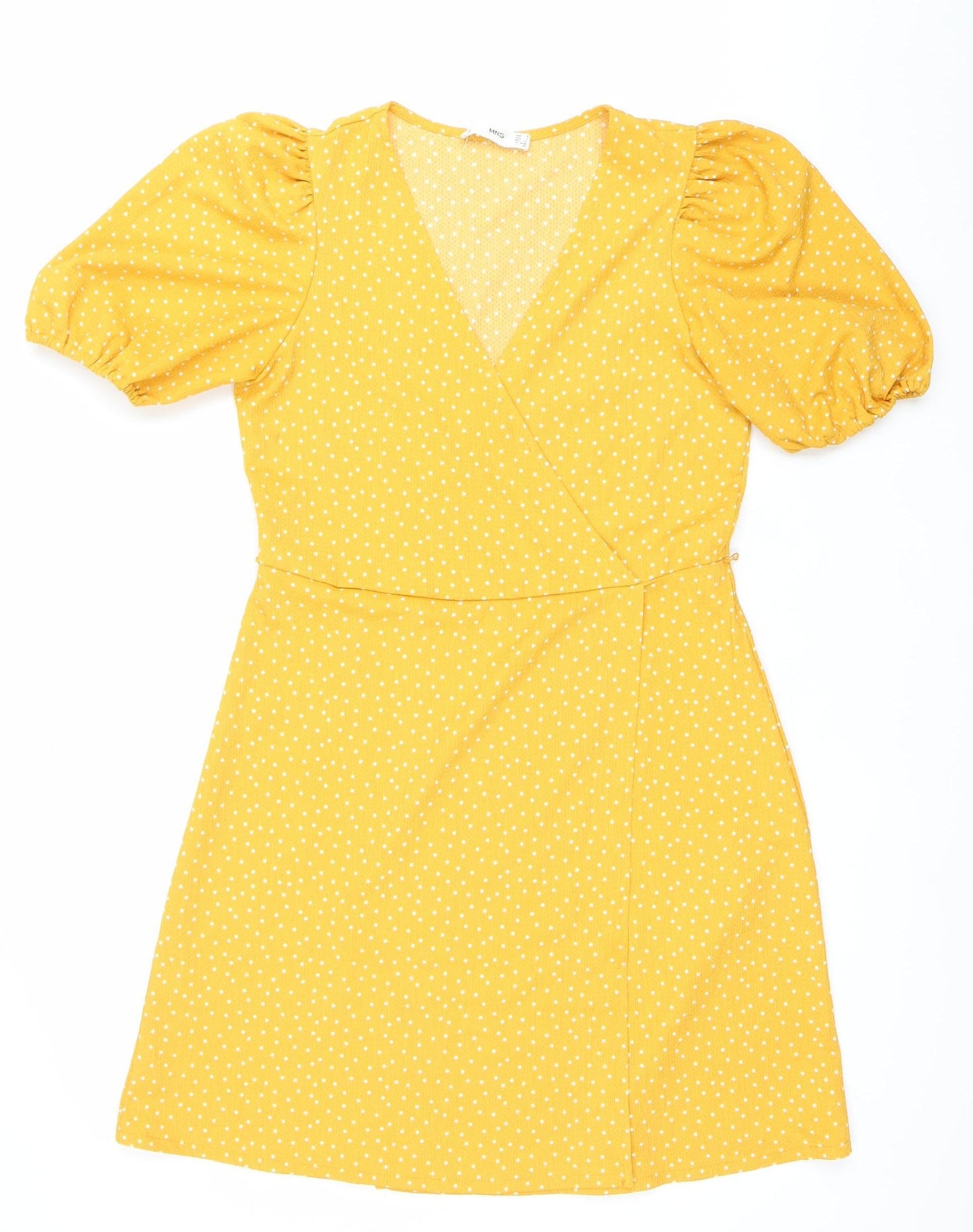 Mango Women’s Yellow Polka Dot A-Line Puff Sleeve Dress Size 8