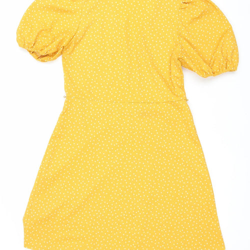 Mango Women’s Yellow Polka Dot A-Line Puff Sleeve Dress Size 8