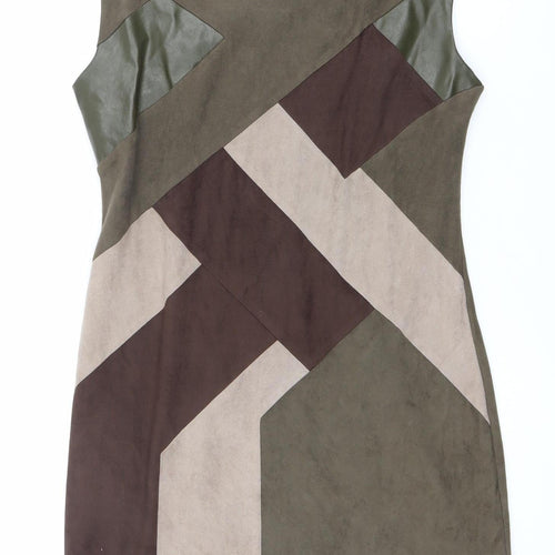 Izabel London Women’s Brown Green Beige Shift Dress Size 12 Sleeveless