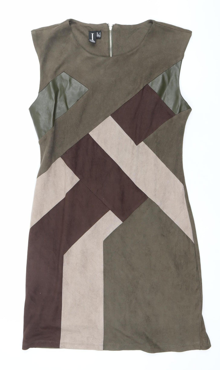 Izabel London Women’s Brown Green Beige Shift Dress Size 12 Sleeveless