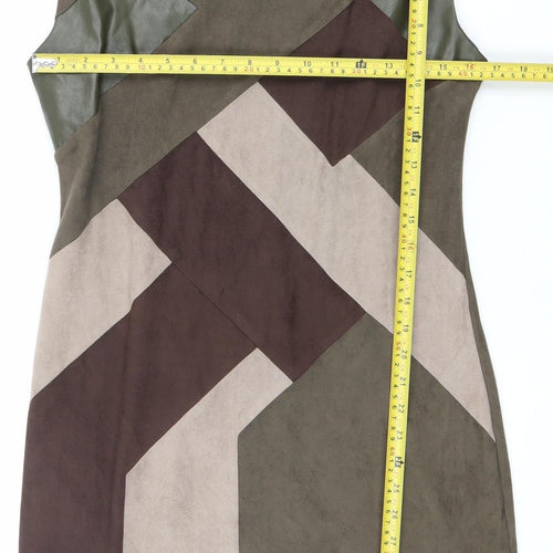 Izabel London Women’s Brown Green Beige Shift Dress Size 12 Sleeveless