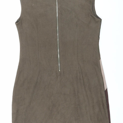 Izabel London Women’s Brown Green Beige Shift Dress Size 12 Sleeveless
