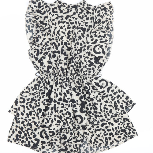 Boohoo Women’s Black Beige Animal Print Ruffle Playsuit Size 8
