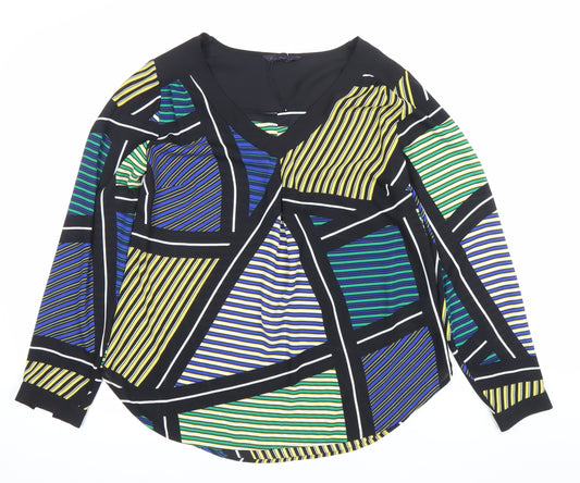 Front view of Marks & Spencer women’s multicoloured striped blouse, size UK 8, v-neck tunic long sleeve