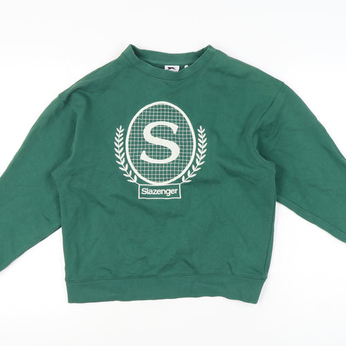 Slazenger Womens Green Logo Sweatshirt UK 8 Cotton Blend Crew Neck