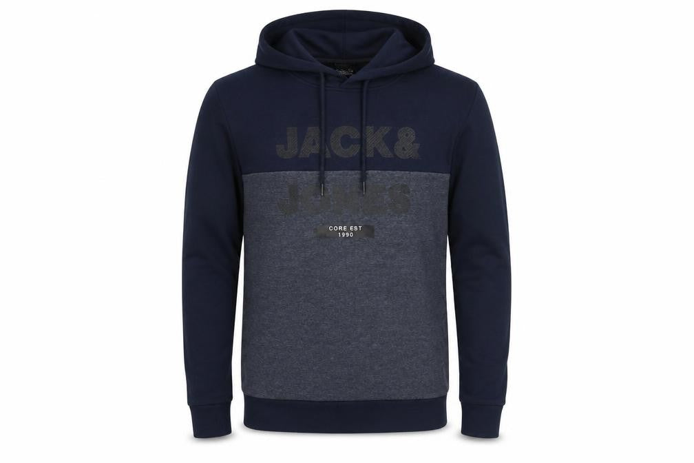 Front view of Jack & Jones Men’s Blue Pullover Hoodie Small Logo Graphic
