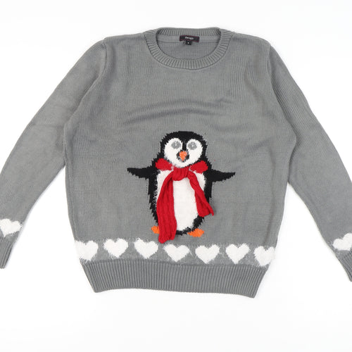 Therapy Women’s Grey Christmas Penguin Jumper Small Crew Neck Knit
