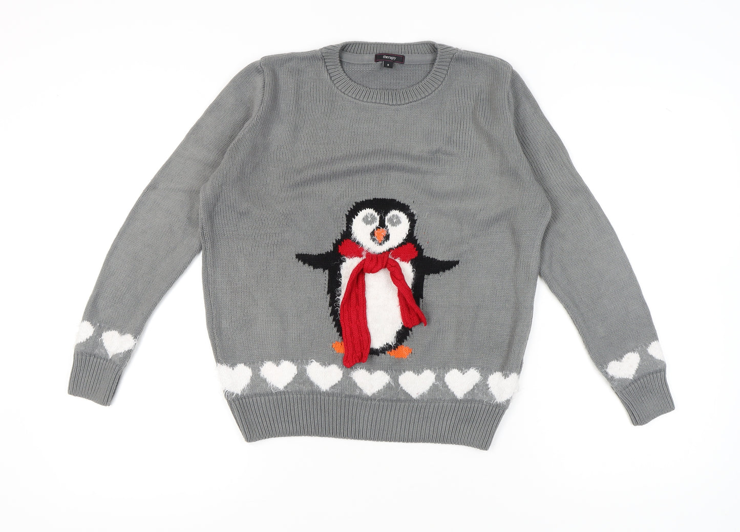 Therapy Women’s Grey Christmas Penguin Jumper Small Crew Neck Knit