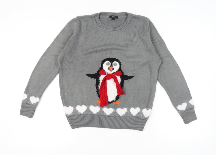 Therapy Women’s Grey Christmas Penguin Jumper Small Crew Neck Knit