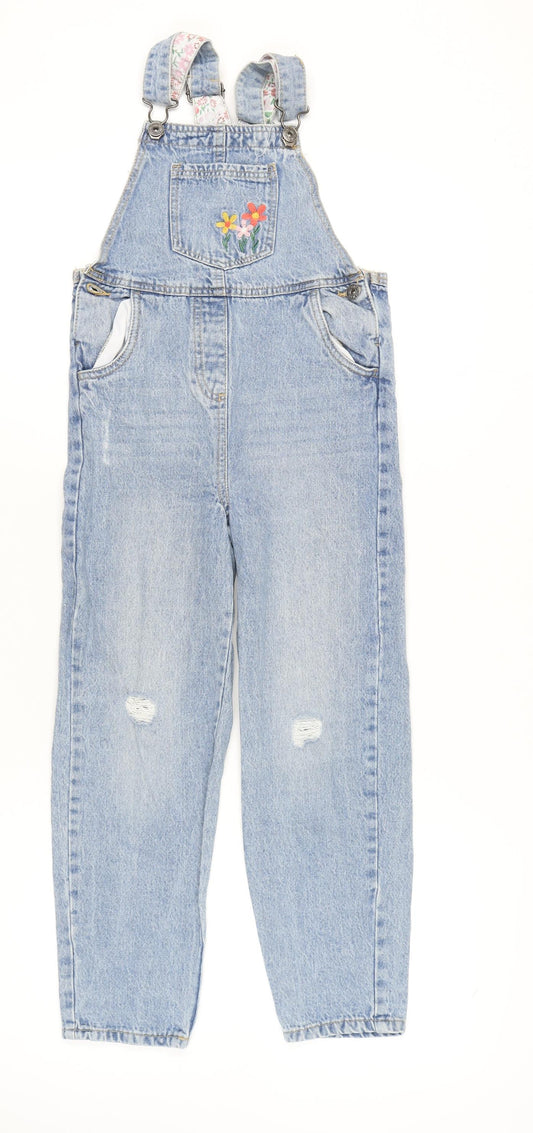 Little Kids Girls Blue Denim Dungarees Jeans 8-9Y Embroidered Floral