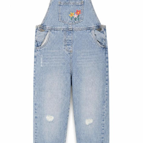 Little Kids Girls Blue Denim Dungarees Jeans 8-9Y Embroidered Floral