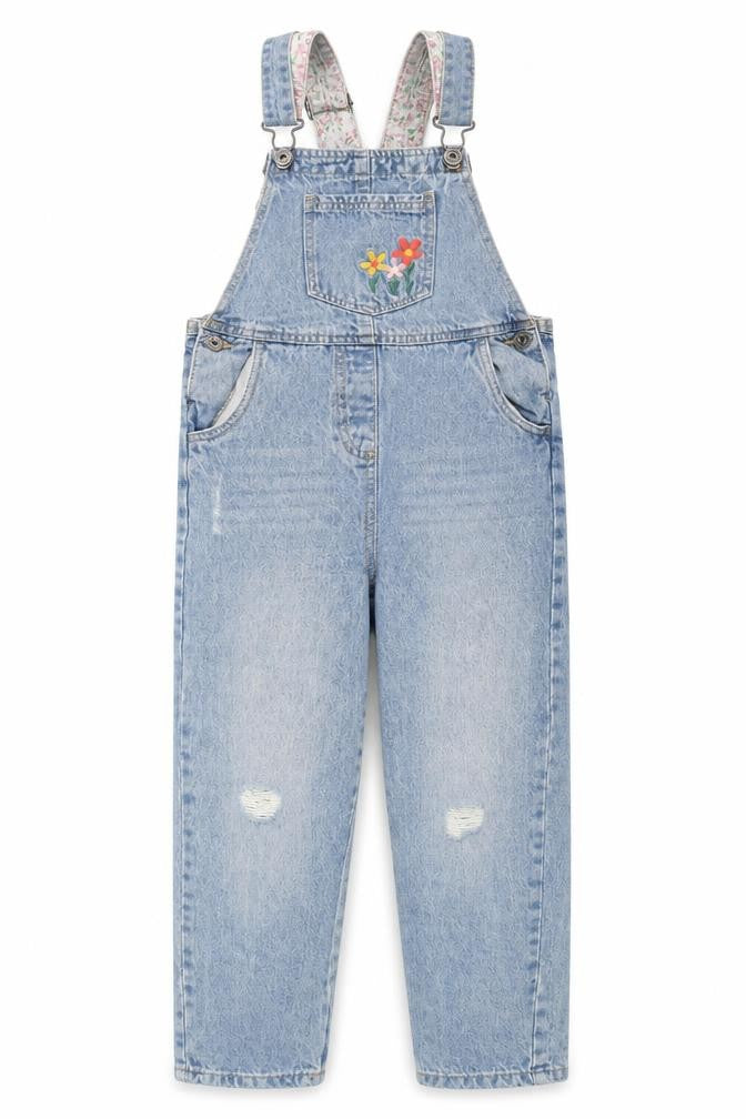 Little Kids Girls Blue Denim Dungarees Jeans 8-9Y Embroidered Floral