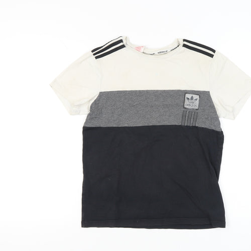 Adidas Boys White Grey Black T-Shirt 13-14 Years Colourblock Logo Top
