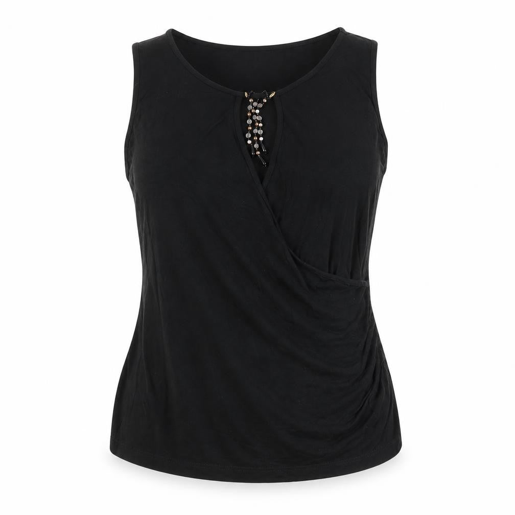 Front view of Wallis Petite Women’s Black Beaded Wrap Tank Top, size UK 14