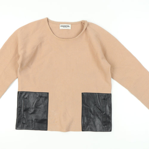 Essentiel Antwerp Women's Beige Pullover Jumper S Merino Wool Blend Leather Pockets