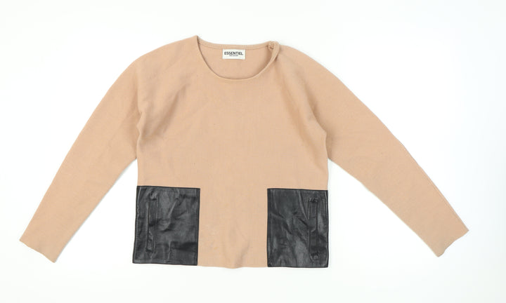 Essentiel Antwerp Women's Beige Pullover Jumper S Merino Wool Blend Leather Pockets