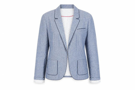 Front view of Atmosphere women’s blue cotton blazer jacket uk 12 single breasted