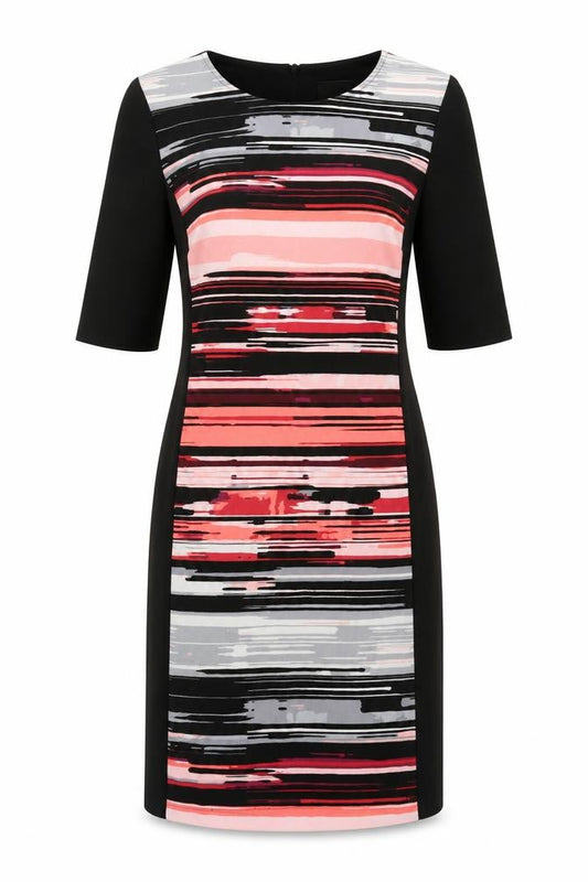 Front view of Anthology women’s black multicoloured striped sheath dress, size UK 12