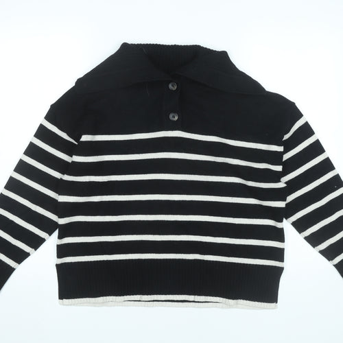 Zara Women Black Striped Collared Pullover Jumper M