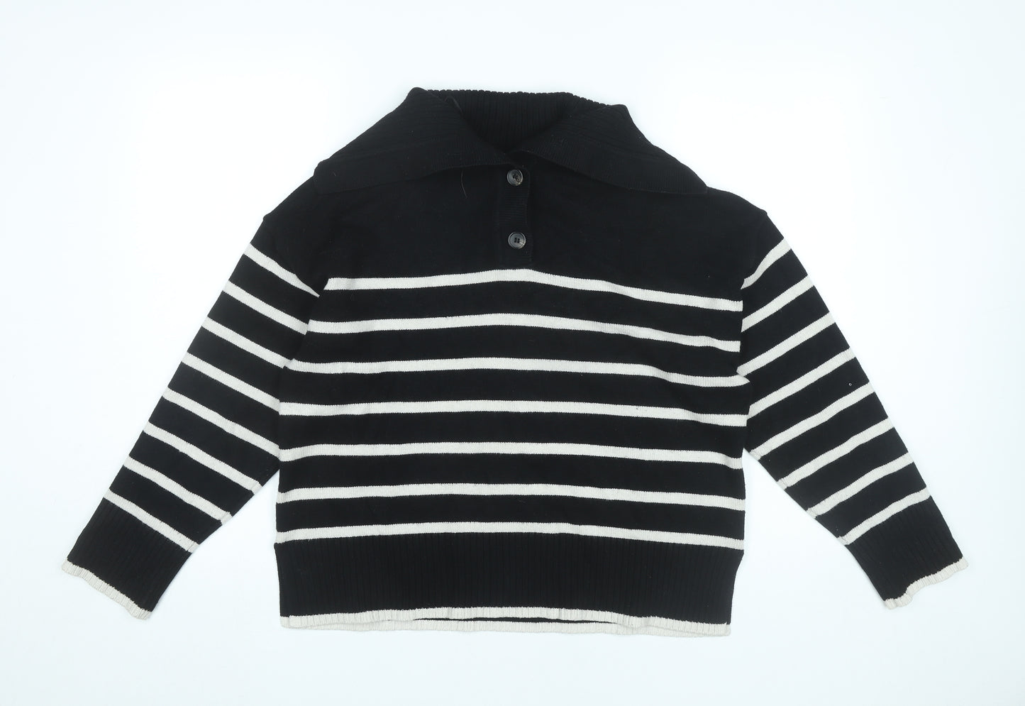 Zara Women Black Striped Collared Pullover Jumper M