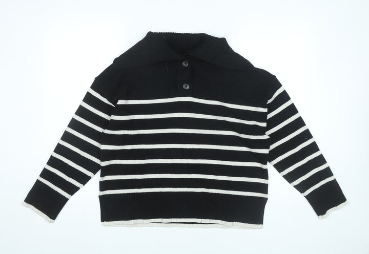Zara Women Black Striped Collared Pullover Jumper M