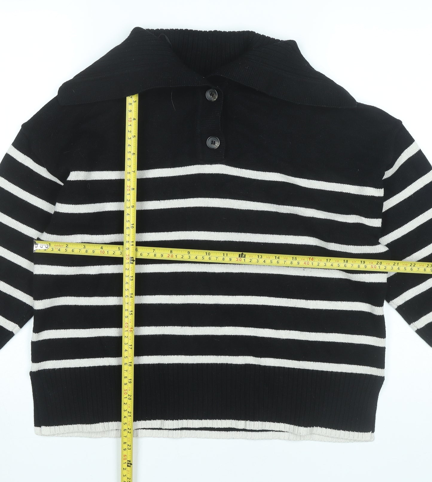 Zara Women Black Striped Collared Pullover Jumper M