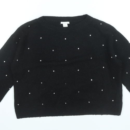 H&M Women’s Black Beaded Pullover Jumper Size 8 Crew Neck Long Sleeve