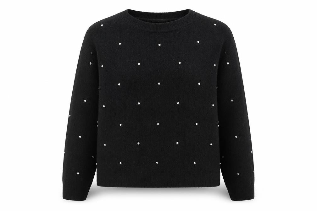 Front view of H&M Women’s Black Beaded jumper, size UK 8, Crew Neck Long Sleeve