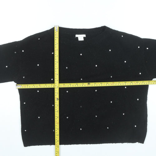 H&M Women’s Black Beaded Pullover Jumper Size 8 Crew Neck Long Sleeve