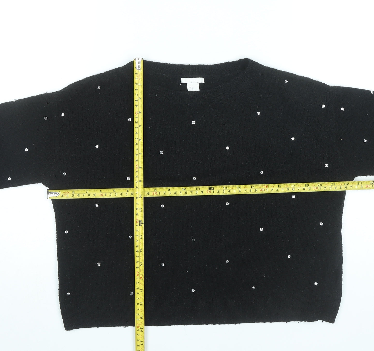 H&M Women’s Black Beaded Pullover Jumper Size 8 Crew Neck Long Sleeve