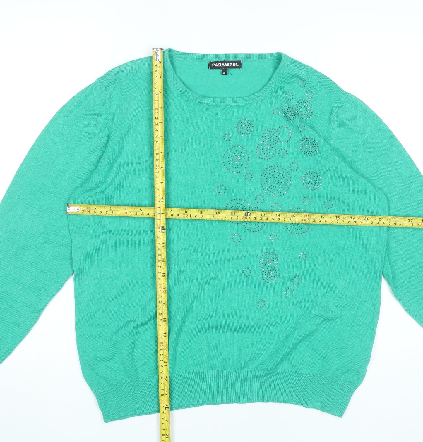 Paramour Womens Green XL Pullover Jumper Crew Neck Rhinestone