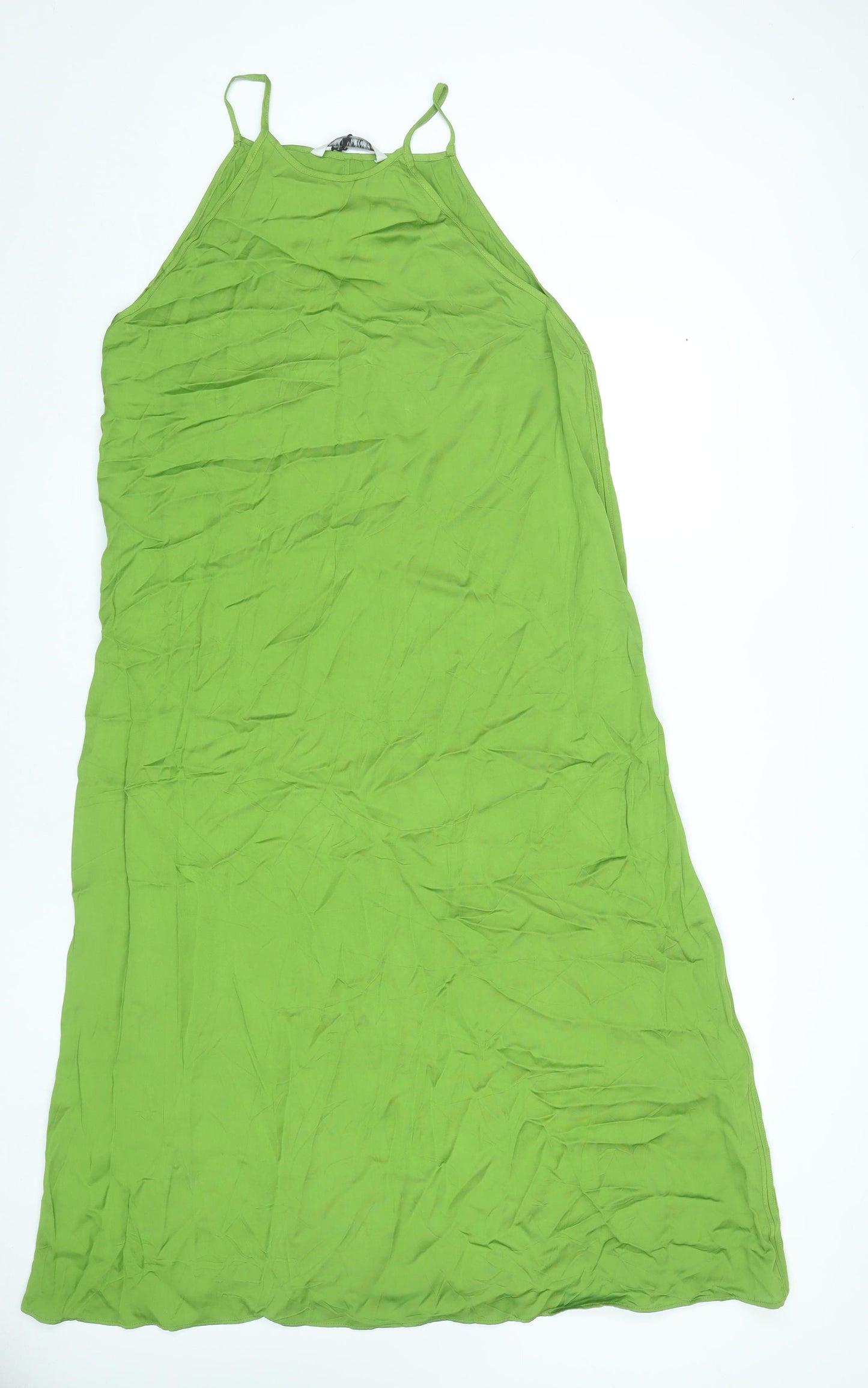 Zara Women Green L Viscose Midi Slip Dress Summer Halter Spaghetti Strap