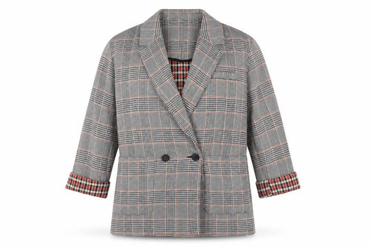Front view of TRF Outerwear women’s grey checked blazer jacket, size UK 10, workwear