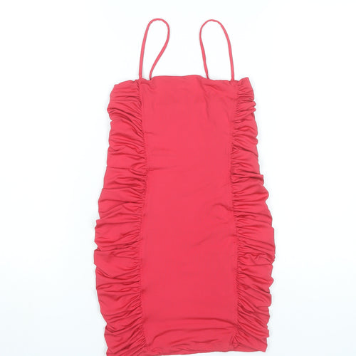 Oh Polly Women Red Bodycon Mini Dress UK 8 Scoop Neck Ruched Sleeveless
