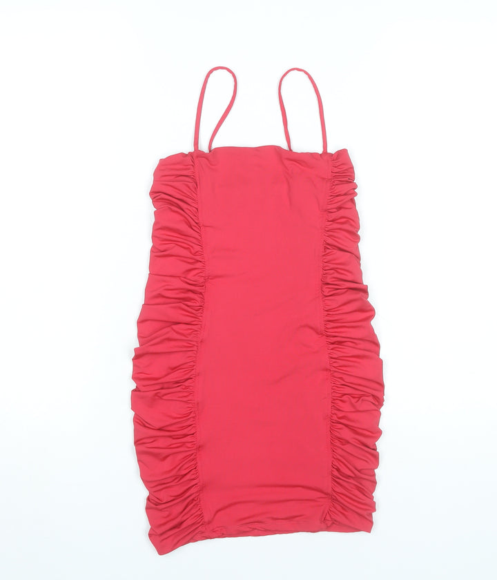 Oh Polly Women Red Bodycon Mini Dress UK 8 Scoop Neck Ruched Sleeveless