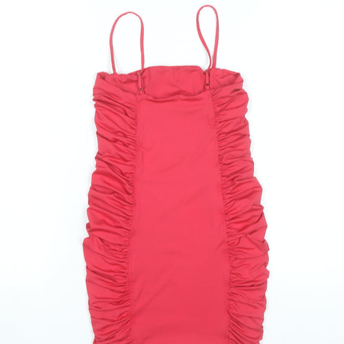 Oh Polly Women Red Bodycon Mini Dress UK 8 Scoop Neck Ruched Sleeveless