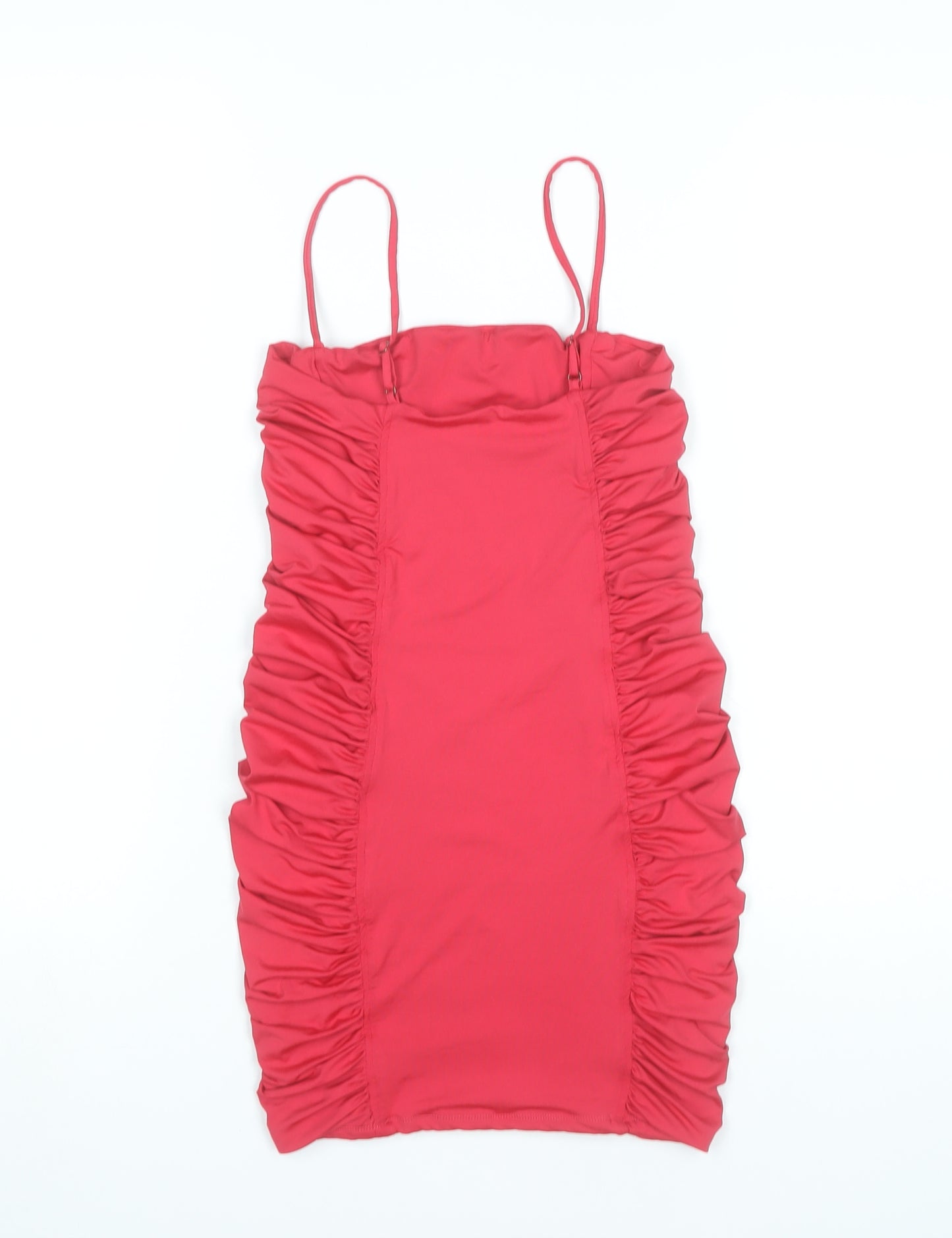 Oh Polly Women Red Bodycon Mini Dress UK 8 Scoop Neck Ruched Sleeveless
