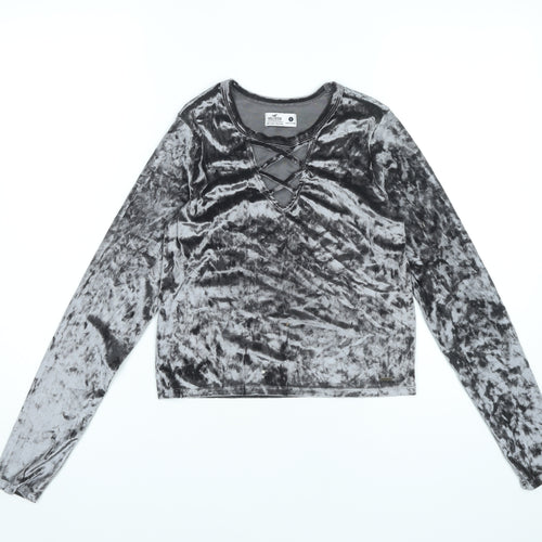 Hollister Women Grey Velvet Slim Fit Cropped Long Sleeve Top S