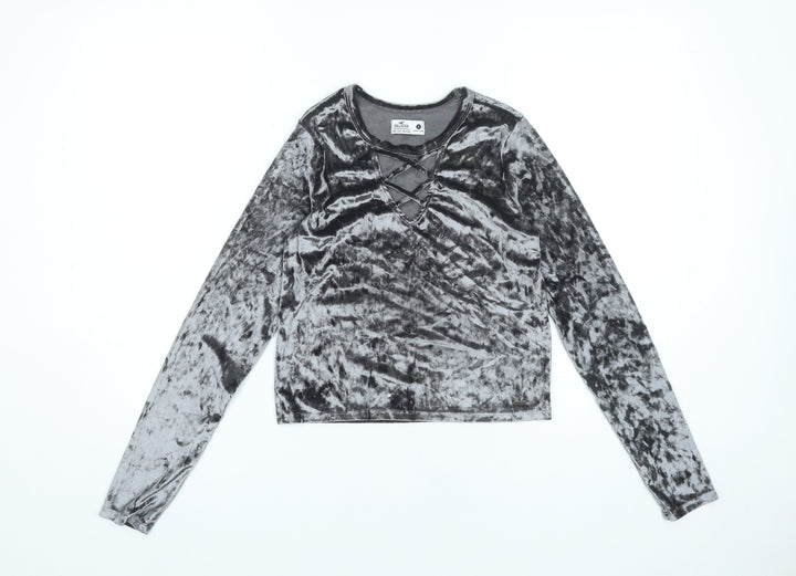 Hollister Women Grey Velvet Slim Fit Cropped Long Sleeve Top S