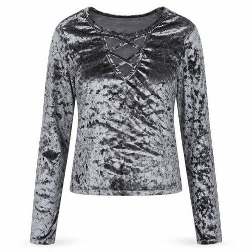 Hollister Women Grey Velvet Slim Fit Cropped Long Sleeve Top S