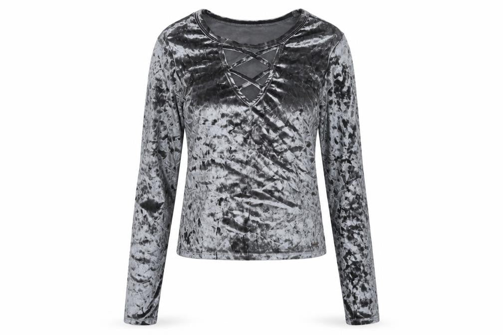 Hollister Women Grey Velvet Slim Fit Cropped Long Sleeve Top S