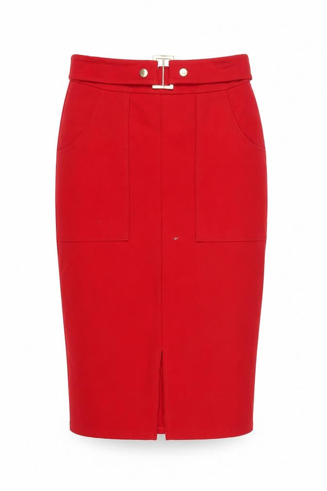 Dorothy Perkins Women’s Red Pencil Skirt Size 8 High Waist Buckle Detail
