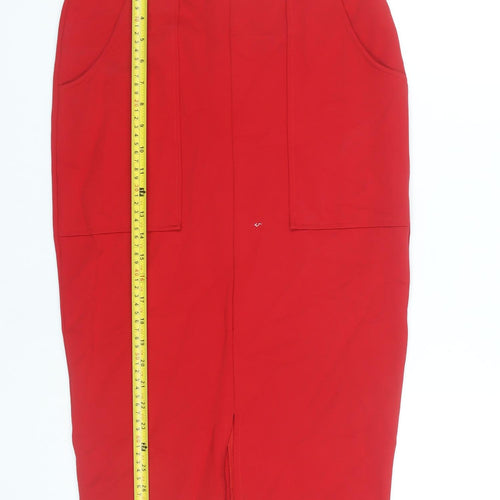 Dorothy Perkins Women’s Red Pencil Skirt Size 8 High Waist Buckle Detail
