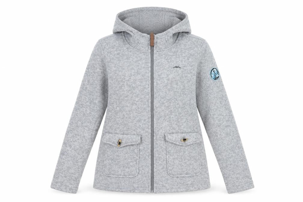 Front view of Möberg women’s grey mid-length hooded zip jacket, size M