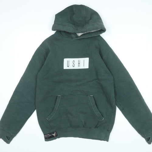 USHI Men’s Green Pullover Hoodie M Regular Fit with Logo