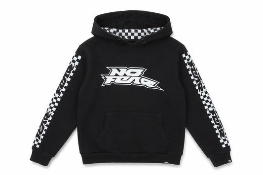 Front view of No Fear boys’ black hoodie 11-12 years pullover graphic racing print